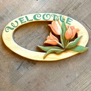 Vintage Handcrafted Wood Tulips Floral Welcome Sign
